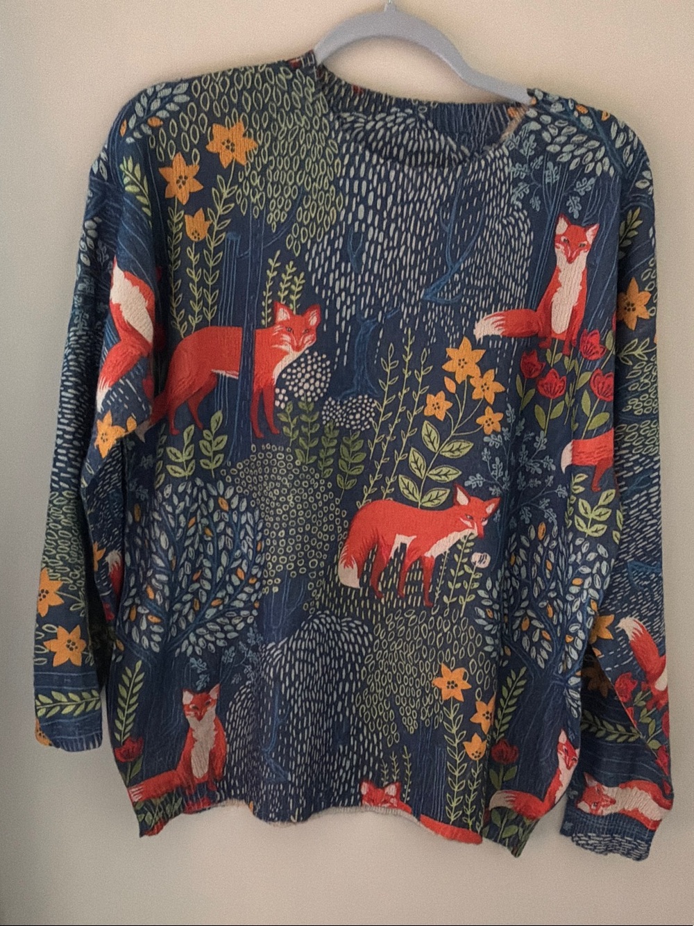 Whimsical Fox Print Pullover - Navy Blue with Red Foxes